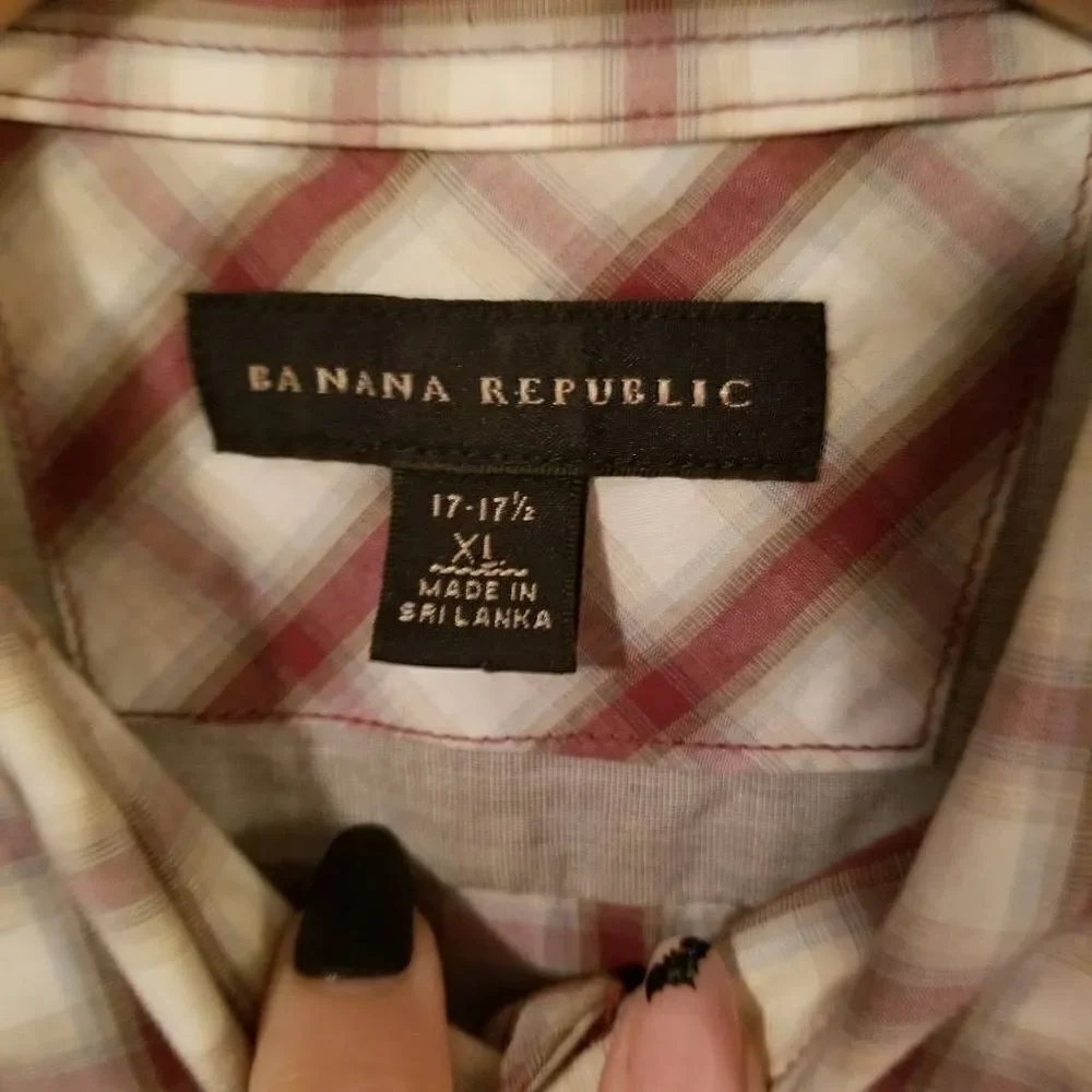 Banana Republic Plaid Button Up Grey Maroon XL